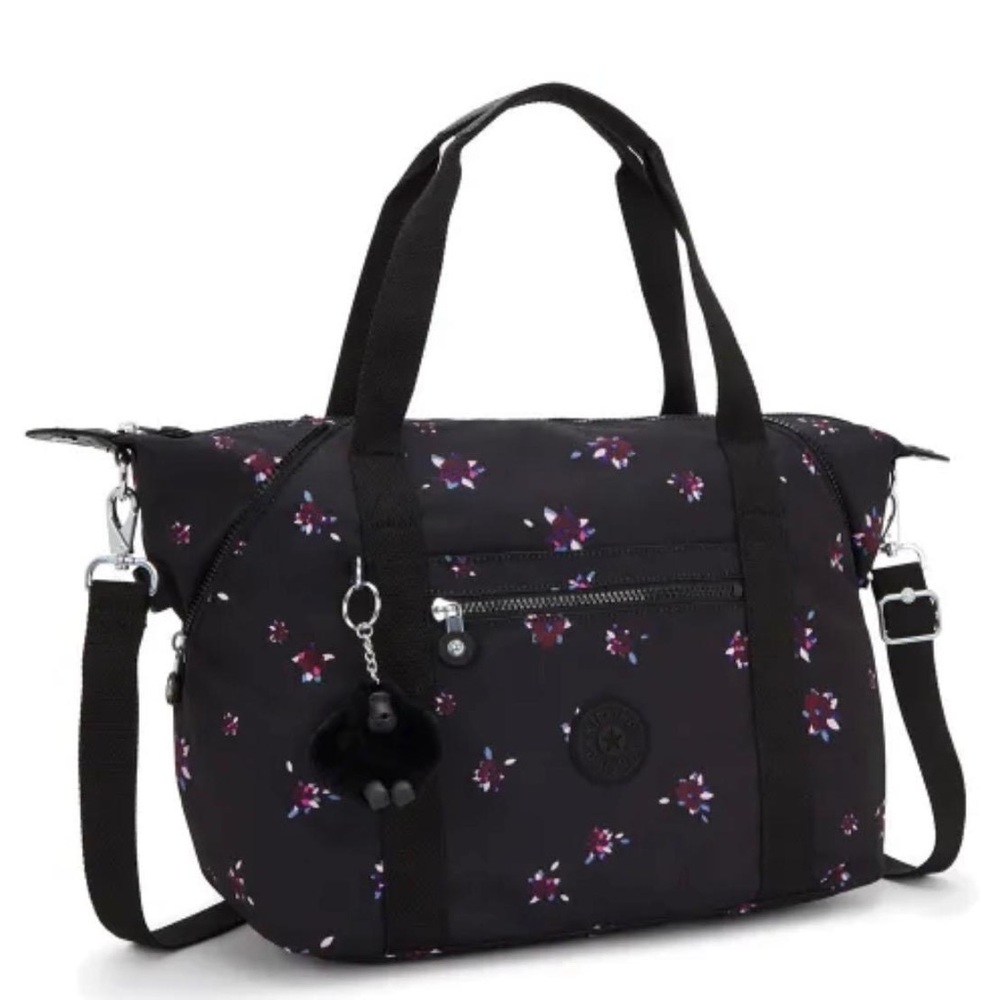 Kipling Black Floral Nylon Tote with Removable Crossbody Strap